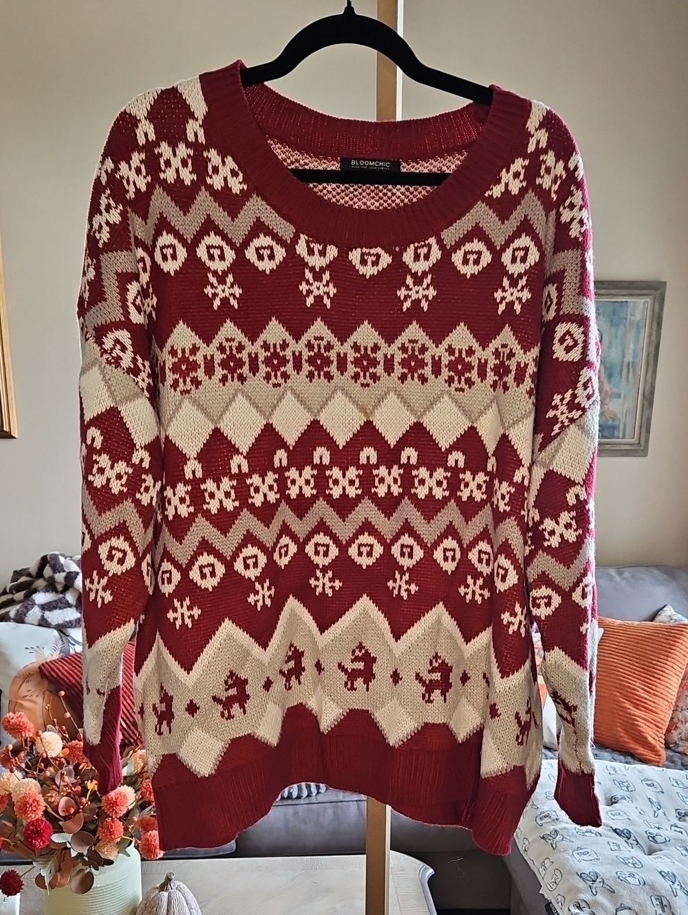 BloomChic Red and Cream Fair Isle Crewneck Sweater